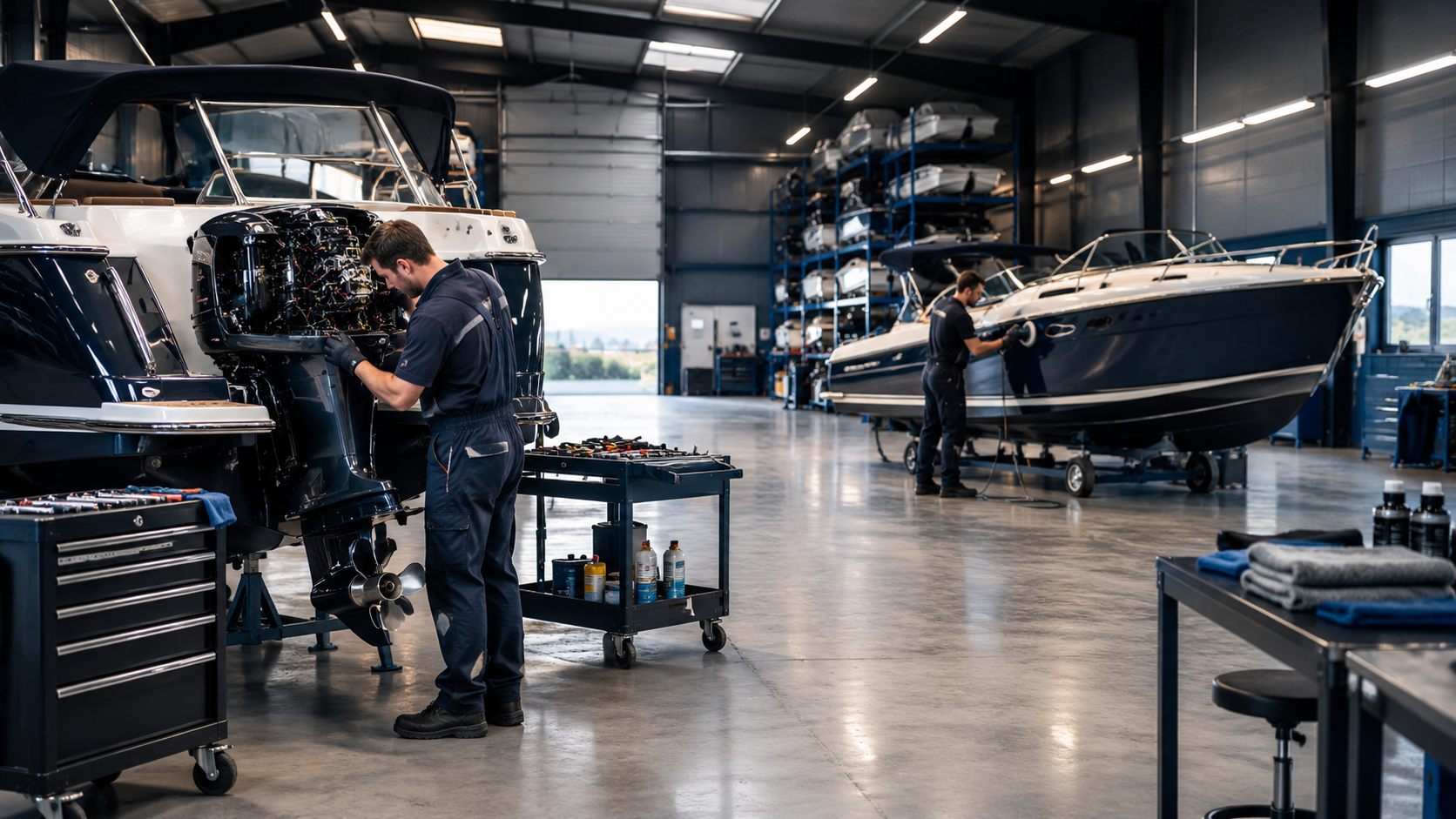 Onderhoud aan een buitenboordmotor in een moderne werkplaats